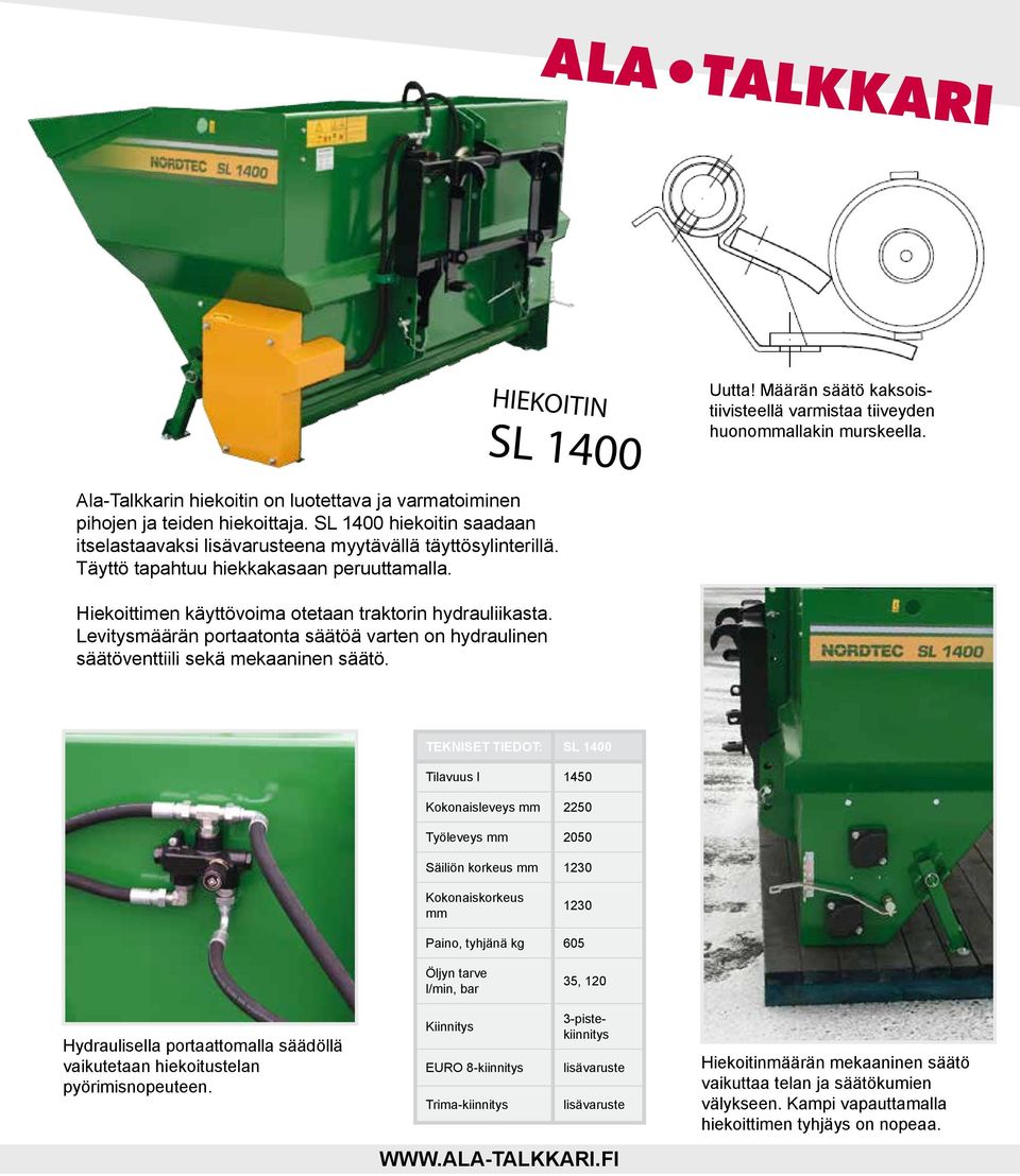 Levitysmäärän portaatonta säätöä varten on hydraulinen säätöventtiili sekä mekaaninen säätö.