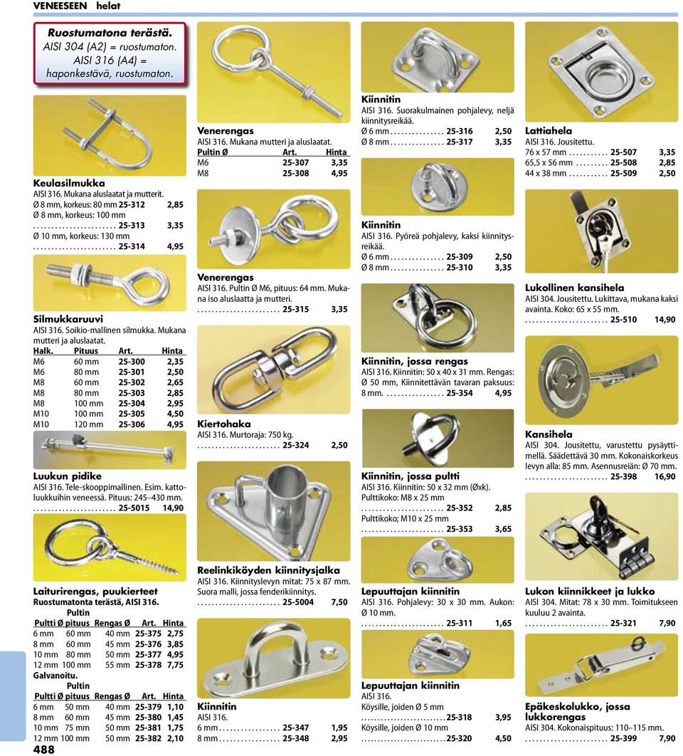 Hinta M 0 mm -00, M 0 mm -0,0 M 0 mm -0, M 0 mm -0, M 00 mm -0, M0 00 mm -0,0 M0 0 mm -0, Luukun pidike AISI. Tele-skooppimallinen. Esim. kattoluukkuihin veneessä. Pituus: 0 mm........................ -0,0 Venerengas AISI.