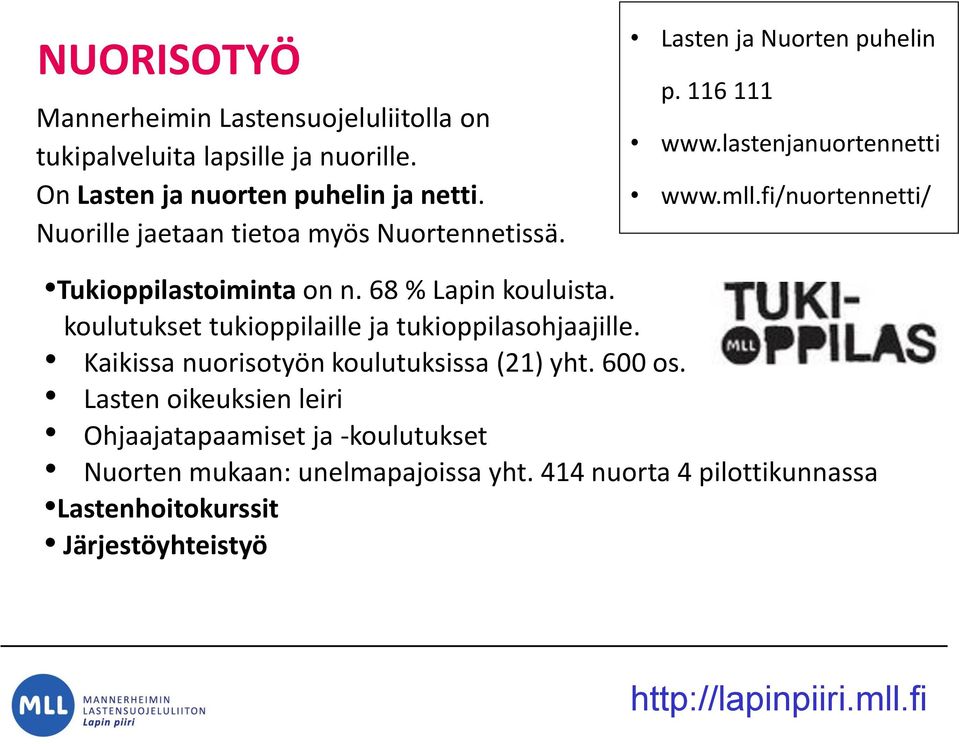 fi/nuortennetti/ Tukioppilastoiminta on n. 68 % Lapin kouluista. koulutukset tukioppilaille ja tukioppilasohjaajille.