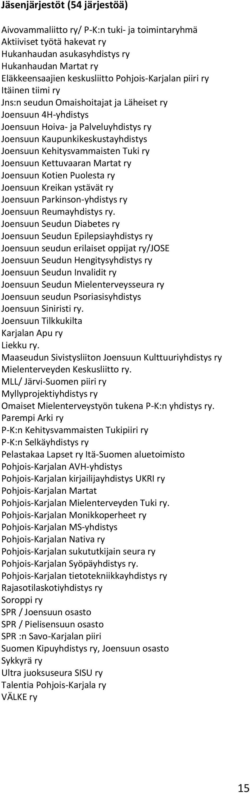 Kehitysvammaisten Tuki ry Joensuun Kettuvaaran Martat ry Joensuun Kotien Puolesta ry Joensuun Kreikan ystävät ry Joensuun Parkinson-yhdistys ry Joensuun Reumayhdistys ry.