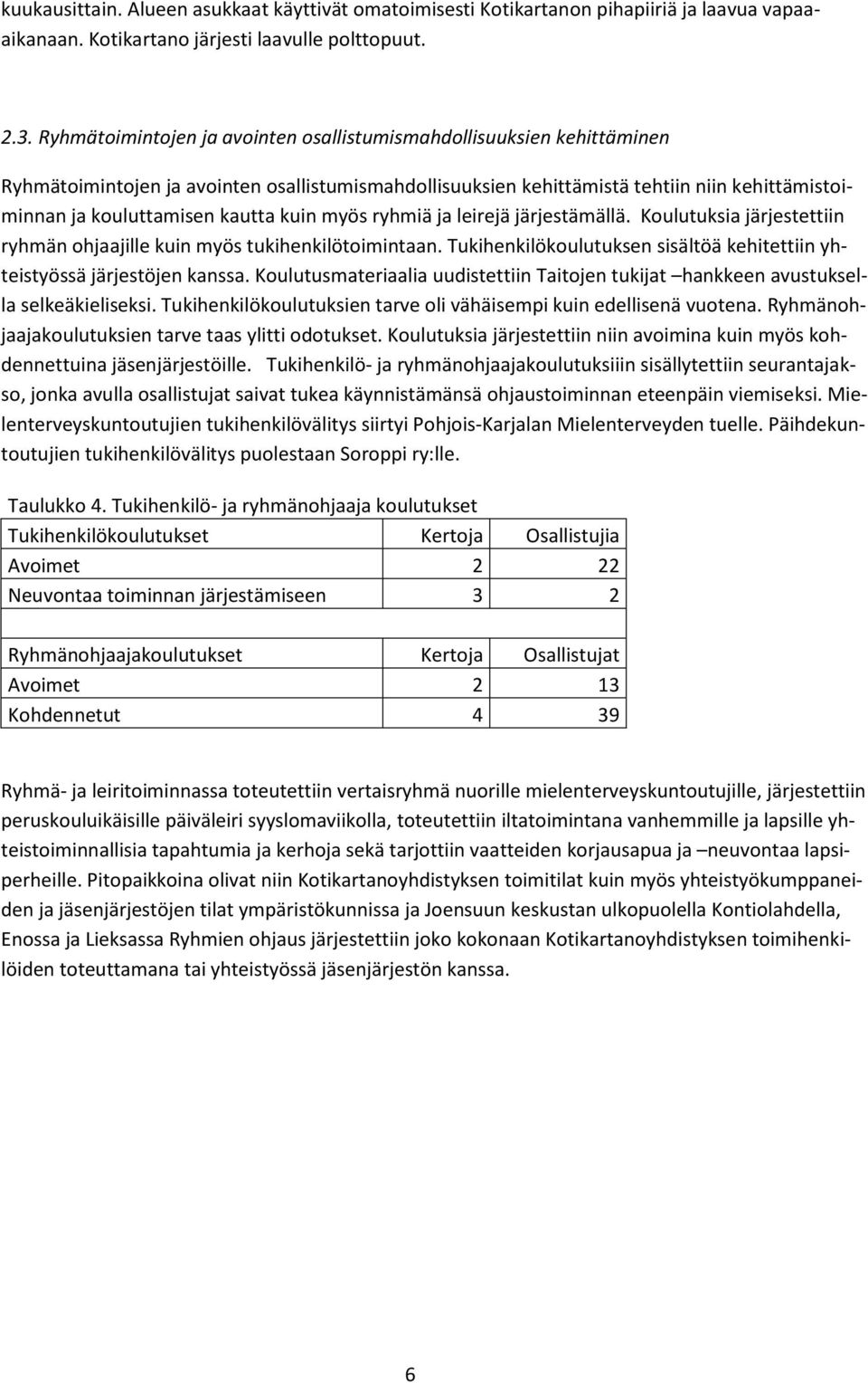 kuin myös ryhmiä ja leirejä järjestämällä. Koulutuksia järjestettiin ryhmän ohjaajille kuin myös tukihenkilötoimintaan. Tukihenkilökoulutuksen sisältöä kehitettiin yhteistyössä järjestöjen kanssa.