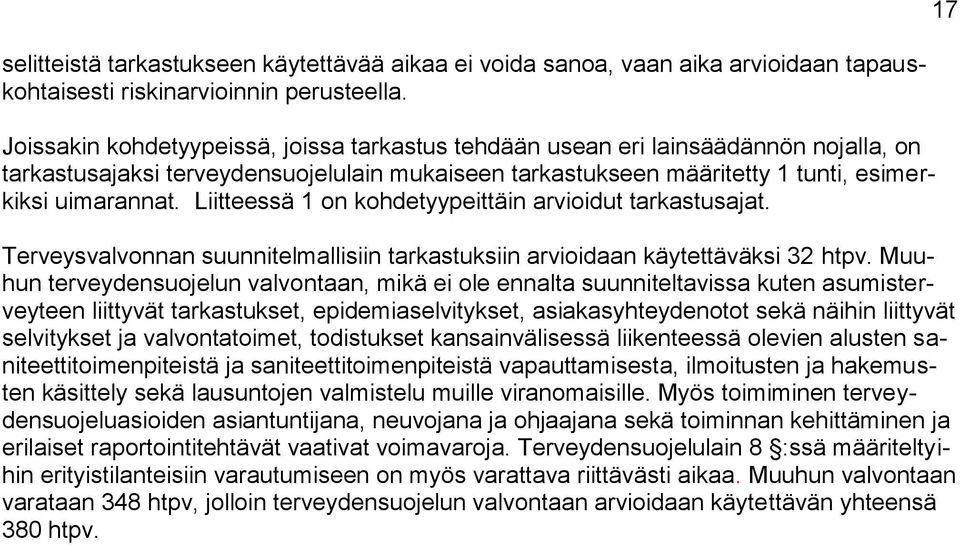 Liitteessä 1 on kohdetyypeittäin arvioidut tarkastusajat. Terveysvalvonnan suunnitelmallisiin tarkastuksiin arvioidaan käytettäväksi 32 htpv.