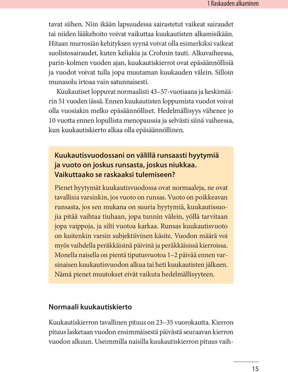 Alkuvaiheessa, parin-kolmen vuoden ajan, kuukautiskierrot ovat epäsäännöllisiä ja vuodot voivat tulla jopa muutaman kuukauden välein. Silloin munasolu irtoaa vain satunnaisesti.