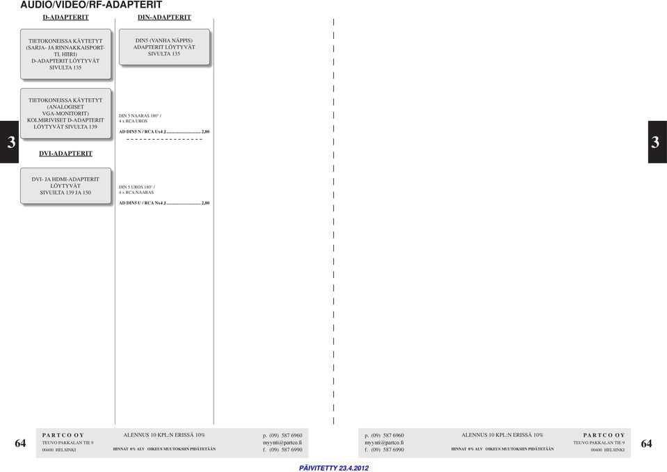 KOLMIRIVISET D-ADAPTERIT LÖYTYVÄT SIVULTA 19 AD DIN5 N / RCA Ux4 J.