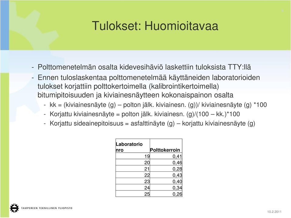 (kiviainesnäyte (g) polton jälk. kiviainesn. (g))/ kiviainesnäyte (g) *100 - Korjattu kiviainesnäyte = polton jälk. kiviainesn. (g)/(100 kk.
