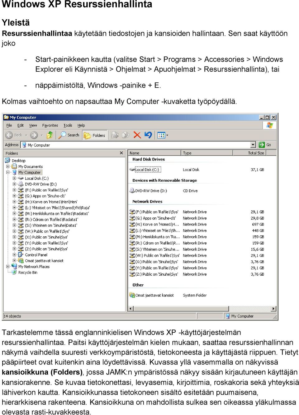 -painike + E. Kolmas vaihtoehto on napsauttaa My Computer -kuvaketta työpöydällä. Tarkastelemme tässä englanninkielisen Windows XP -käyttöjärjestelmän resurssienhallintaa.