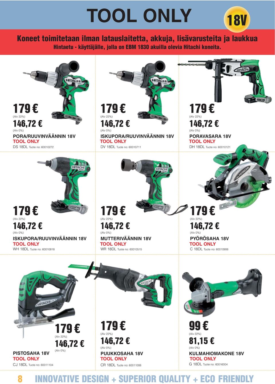 6,7 ISKUPORA/RUUVINVÄÄNNIN 8V TOOL ONLY WH 8DL Tuote no: 600088 79 6,7 MUTTERIVÄÄNNIN 8V TOOL ONLY WR 8DL Tuote no: 6000 79 6,7 PYÖRÖSAHA 8V TOOL ONLY C 8DL Tuote no: 6000906