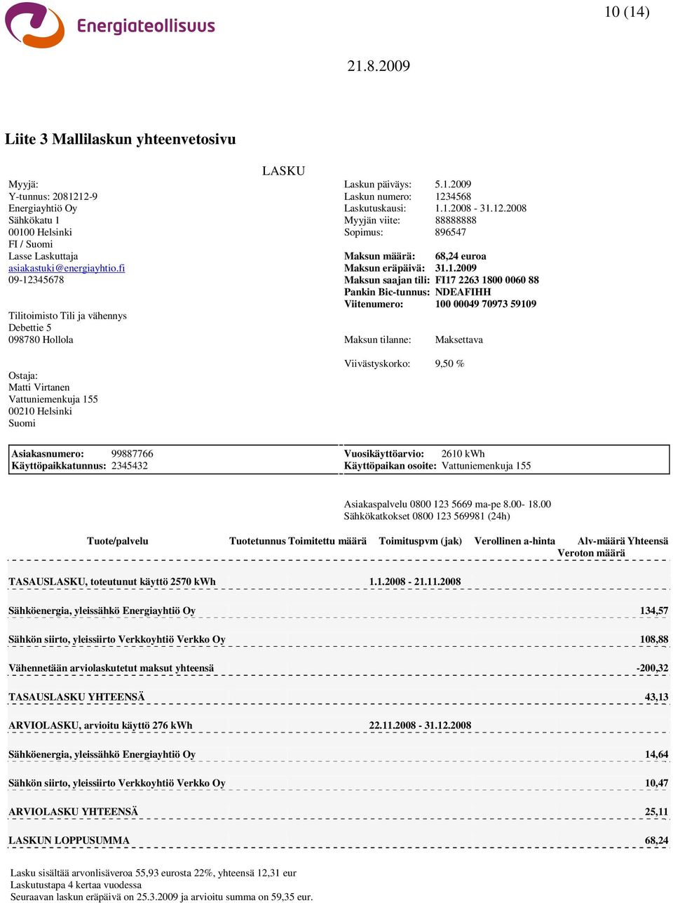 1.2008-31.12.2008 Myyjän viite: 88888888 Sopimus: 896547 Maksun määrä: 68,24 euroa Maksun eräpäivä: 31.1.2009 Maksun saajan tili: FI17 2263 1800 0060 88 Pankin Bic-tunnus: NDEAFIHH Viitenumero: 100