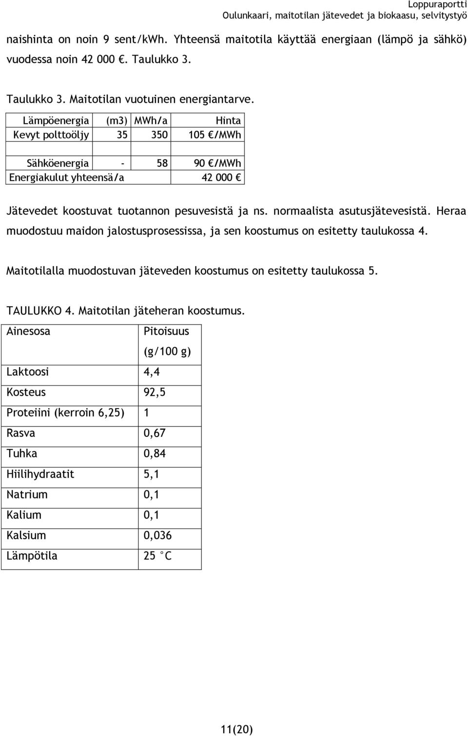 normaalista asutusjätevesistä. Heraa muodostuu maidon jalostusprosessissa, ja sen koostumus on esitetty taulukossa 4. Maitotilalla muodostuvan jäteveden koostumus on esitetty taulukossa 5.