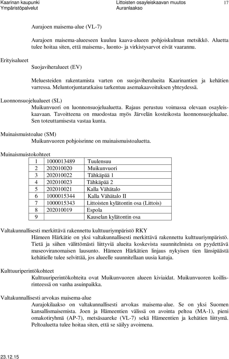 Luonnonsuojelualueet (SL) Muikunvuori on luonnonsuojelualuetta. Rajaus perustuu voimassa olevaan osayleiskaavaan. Tavoitteena on muodostaa myös Järvelän kosteikosta luonnonsuojelualue.