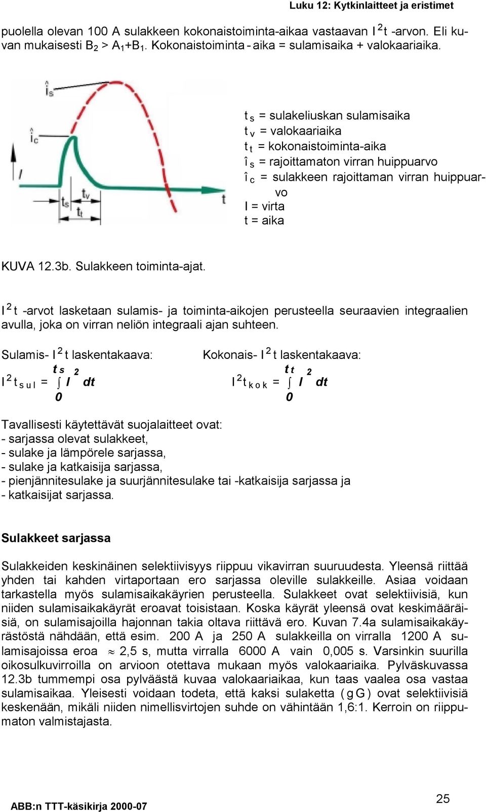 Sulakkeen toiminta-ajat. I 2 t -arvot lasketaan sulamis- ja toiminta-aikojen perusteella seuraavien integraalien avulla, joka on virran neliön integraali ajan suhteen.