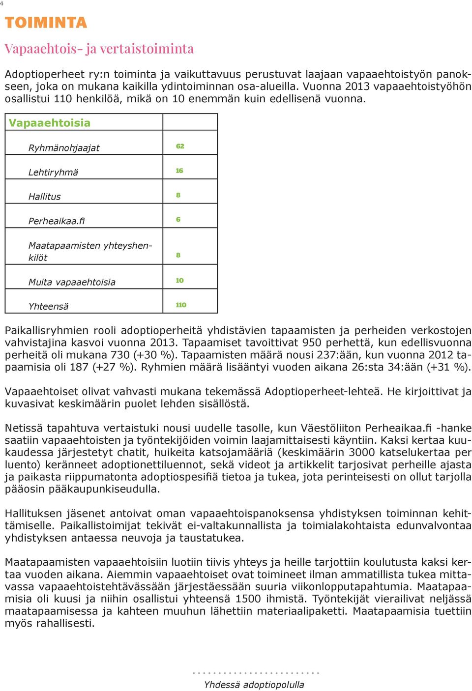 fi 6 Maatapaamisten yhteyshenkilöt 8 Muita vapaaehtoisia 10 Yhteensä 110 Paikallisryhmien rooli adoptioperheitä yhdistävien tapaamisten ja perheiden verkostojen vahvistajina kasvoi vuonna 2013.
