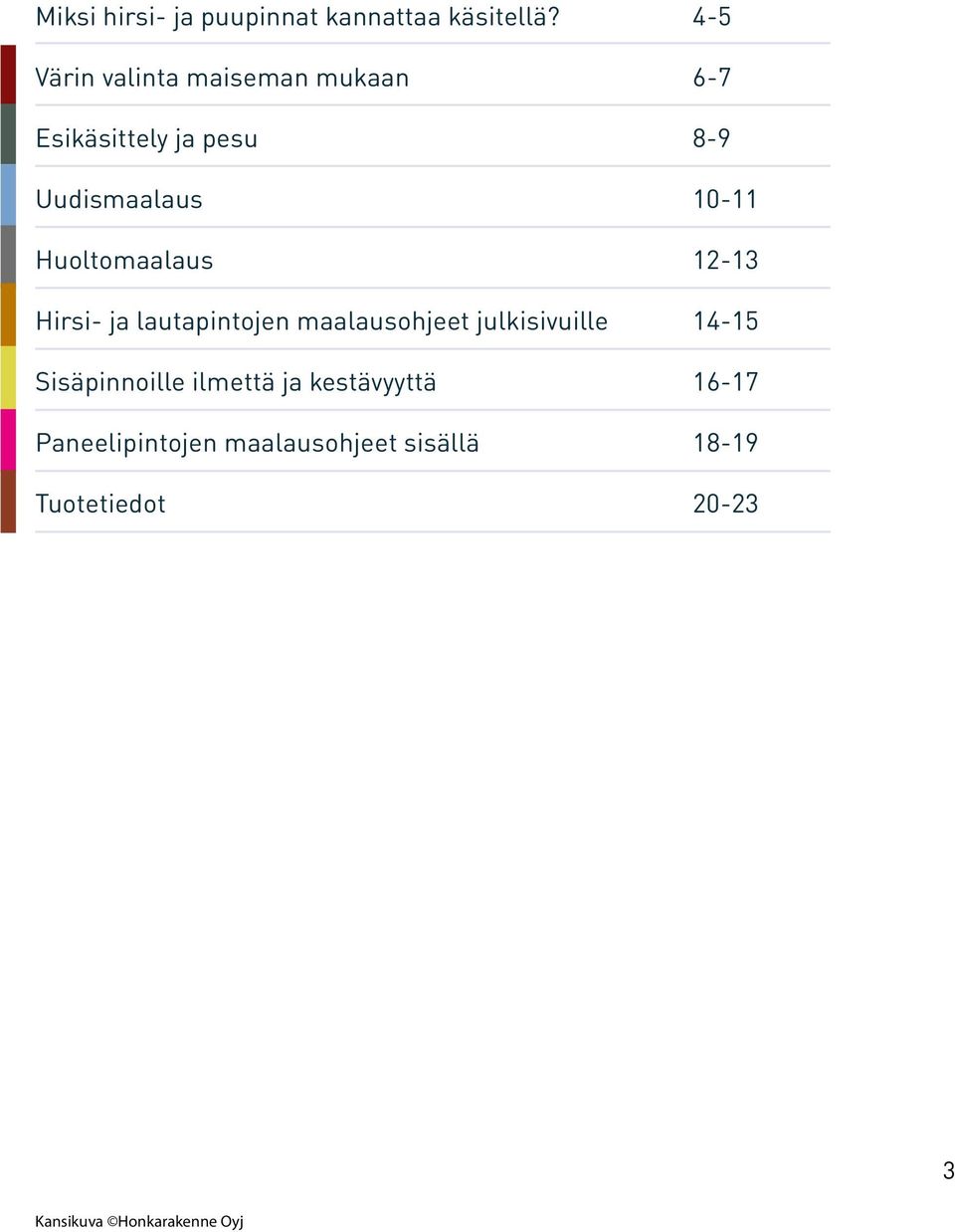 Huoltomaalaus 12-13 Hirsi- ja lautapintojen maalausohjeet julkisivuille 14-15