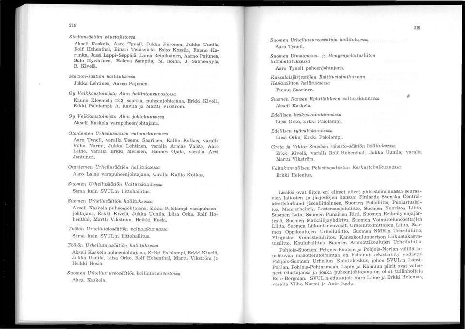 3. saakka, puheenjohtajana, Erkki Kivelä, Erkki Palolampi, A. Ravila ja Martti Vikström. Oy Veikkaustoimisto Ab:n johtokunnassa Akseli Kaskela varapuheenjohtajana.