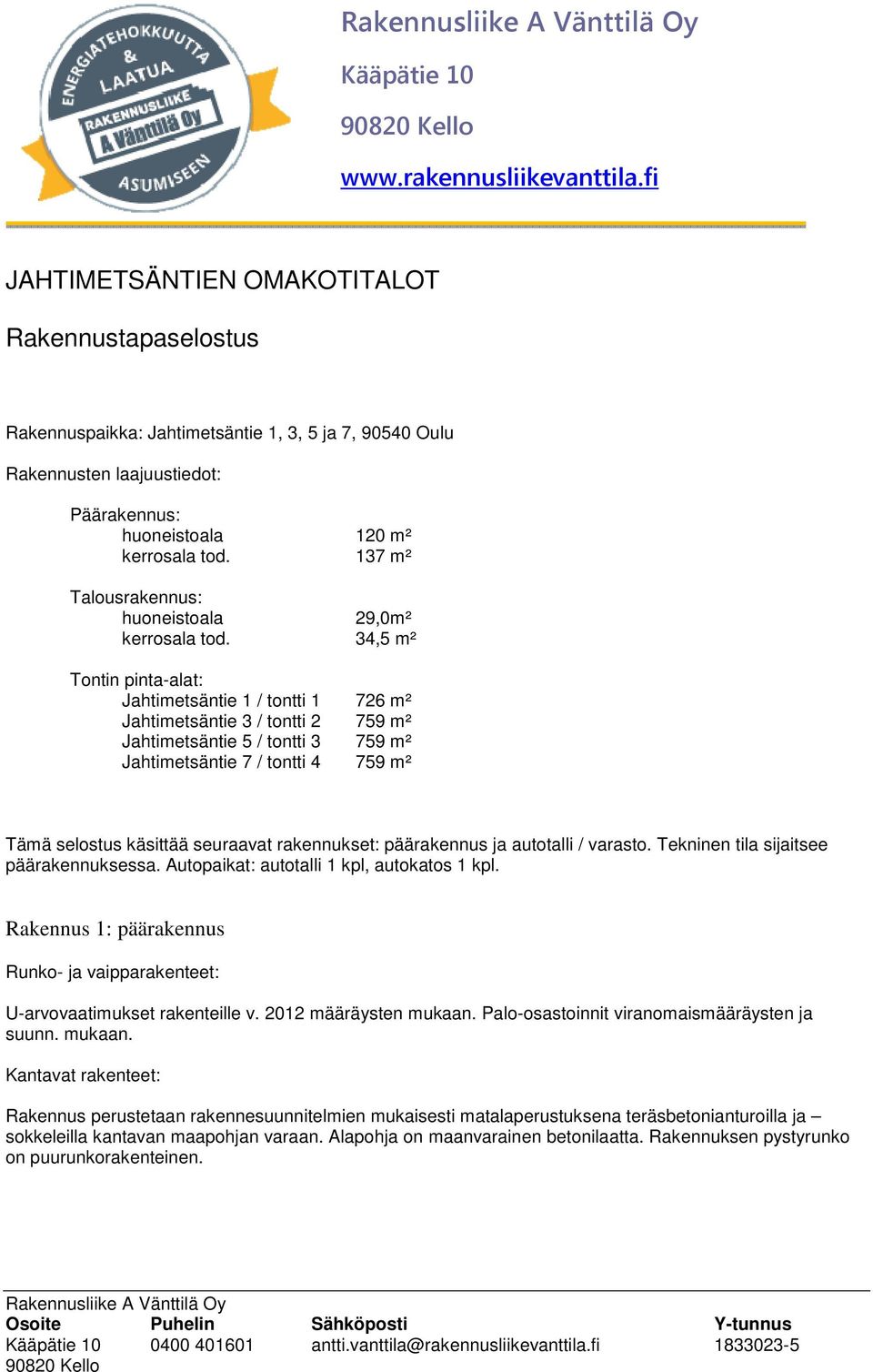 137 m² Talousrakennus: huoneistoala 29,0m² kerrosala tod.