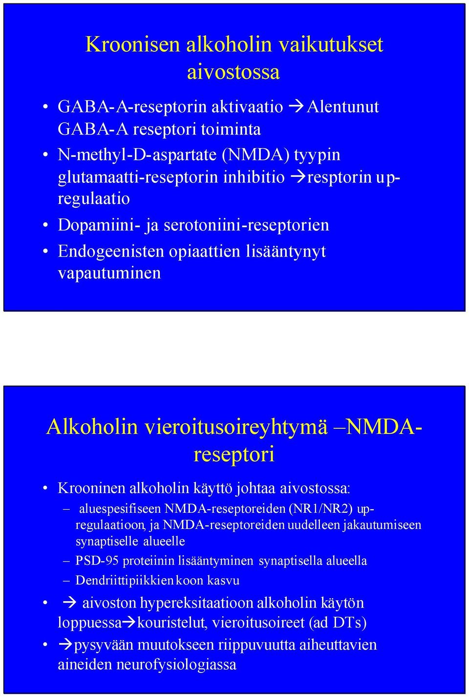 aivostossa: aluespesifiseen NMDA-reseptoreiden (NR1/NR2) upregulaatioon, ja NMDA-reseptoreiden uudelleen jakautumiseen synaptiselle alueelle PSD-95 proteiinin lisääntyminen synaptisella