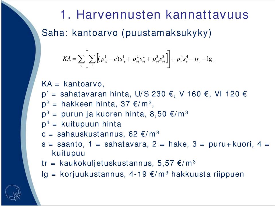 3 = purun ja kuoren hinta, 8,5 /m 3 p 4 = kuitupuun hinta c = sahauskustannus, 62 /m 3 s = saanto, 1 = sahatavara, 2 =