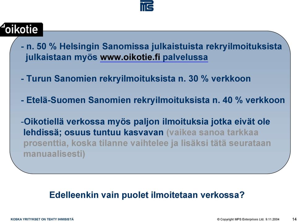 40 % verkkoon Oikotiellä verkossa myös paljon ilmoituksia jotka eivät ole lehdissä; osuus tuntuu kasvavan (vaikea sanoa