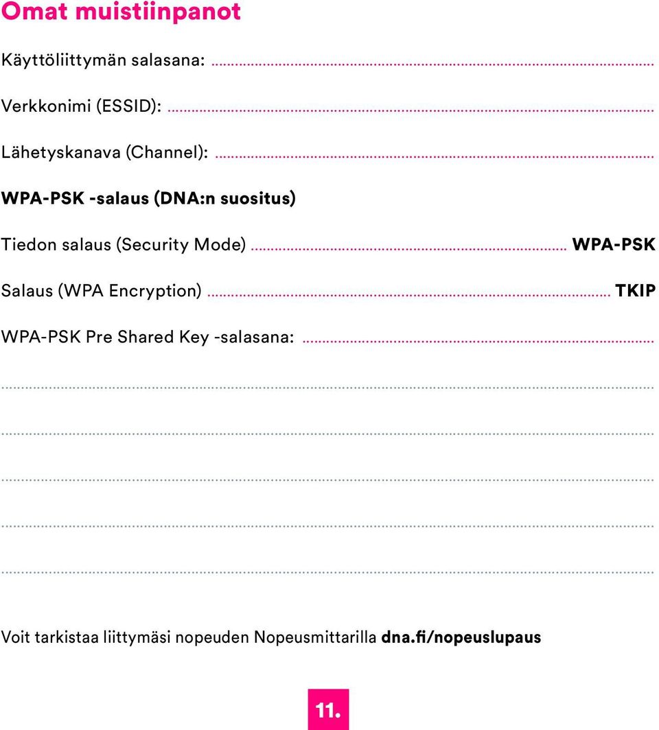 .. WPA-PSK -salaus (DNA:n suositus) Tiedon salaus (Security Mode).