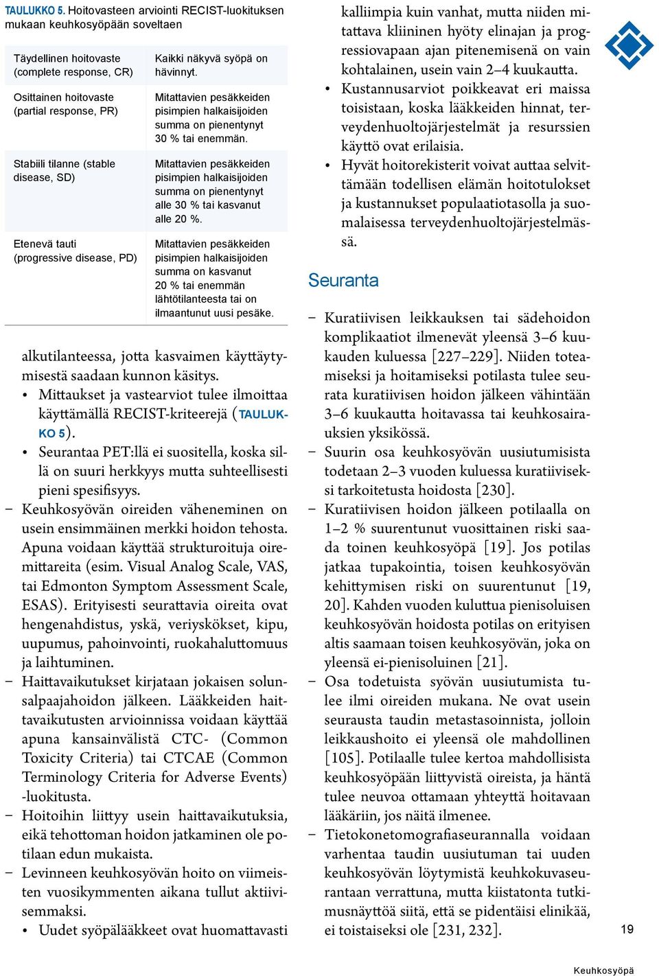 SD) Etenevä tauti (progressive disease, PD) Kaikki näkyvä syöpä on hävinnyt. Mitattavien pesäkkeiden pisimpien halkaisijoiden summa on pienentynyt 30 % tai enemmän.