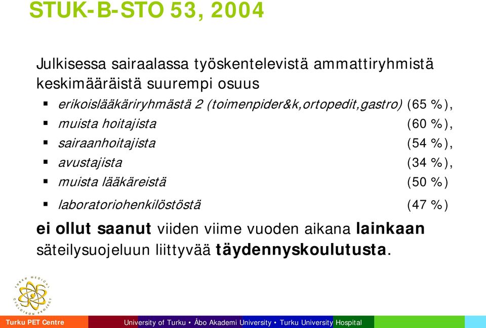 sairaanhoitajista (54 %), avustajista (34 %), muista lääkäreistä (50 %) laboratoriohenkilöstöstä (47