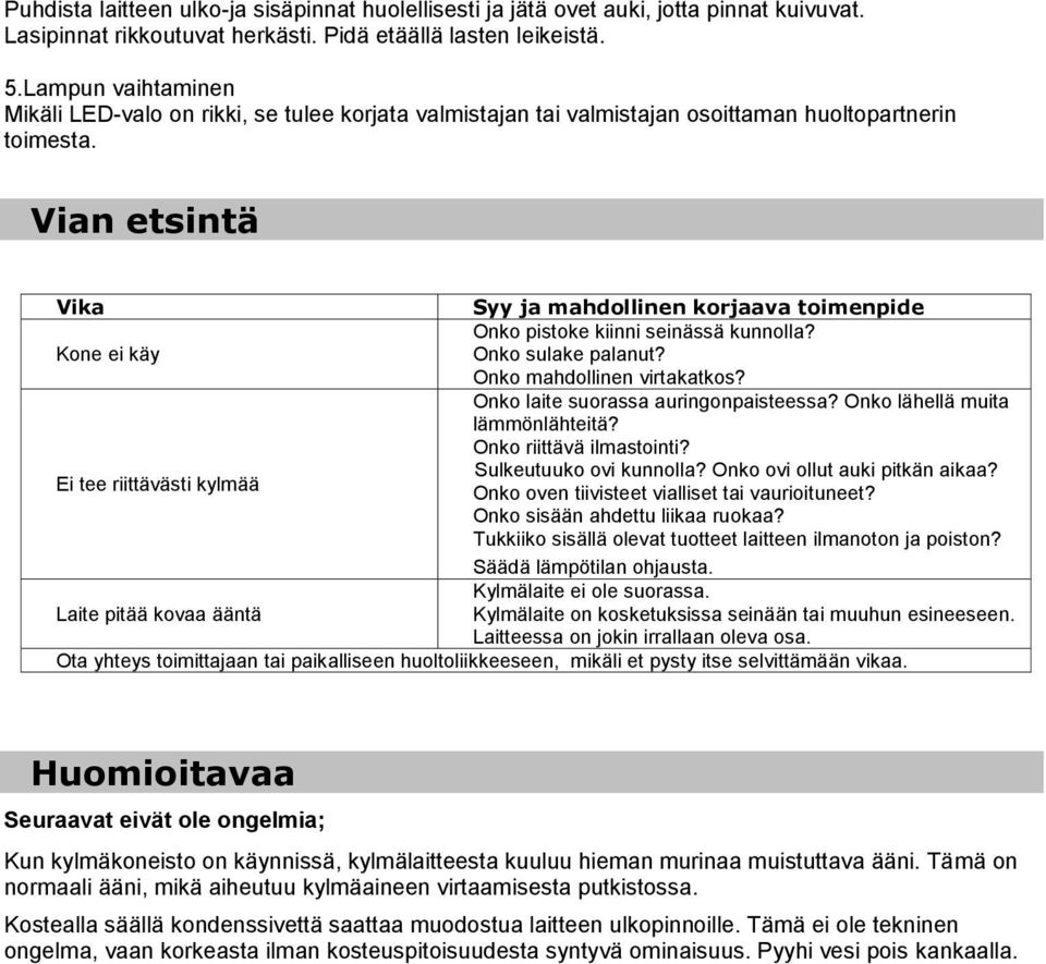 Vian etsintä Vika Syy ja mahdollinen korjaava toimenpide Onko pistoke kiinni seinässä kunnolla? Kone ei käy Onko sulake palanut? Onko mahdollinen virtakatkos? Onko laite suorassa auringonpaisteessa?