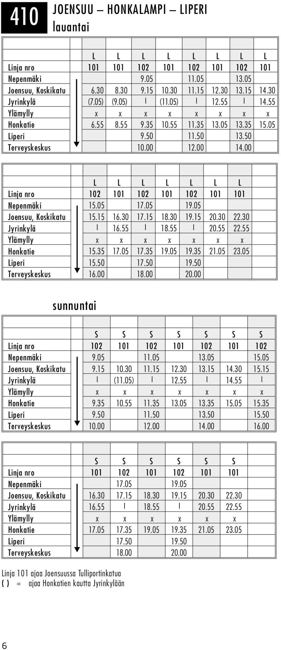 00 L L L L L L L Linja nro 102 101 102 101 102 101 101 Nepenmäki 15.05 17.05 19.05 Joensuu, Koskikatu 15.15 16.30 17.15 18.30 19.15 20.30 22.30 Jyrinkylä 16.55 18.55 20.55 22.55 x Honkatie 15.35 17.