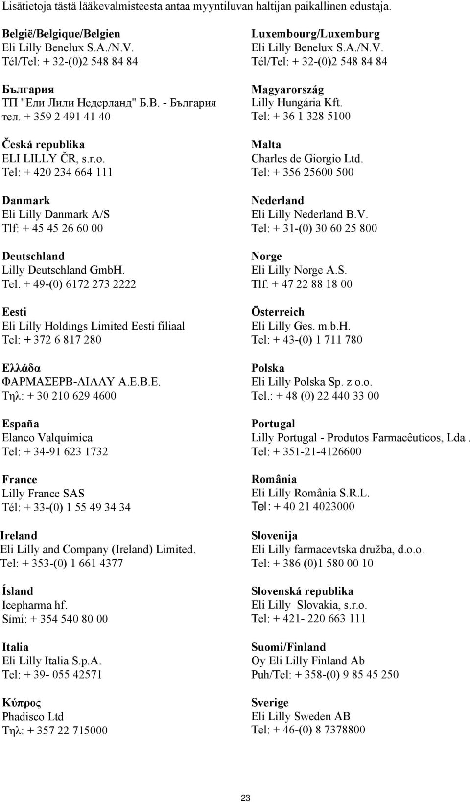 Tel: + 420 234 664 111 Danmark Eli Lilly Danmark A/S Tlf: + 45 45 26 60 00 Deutschland Lilly Deutschland GmbH. Tel.