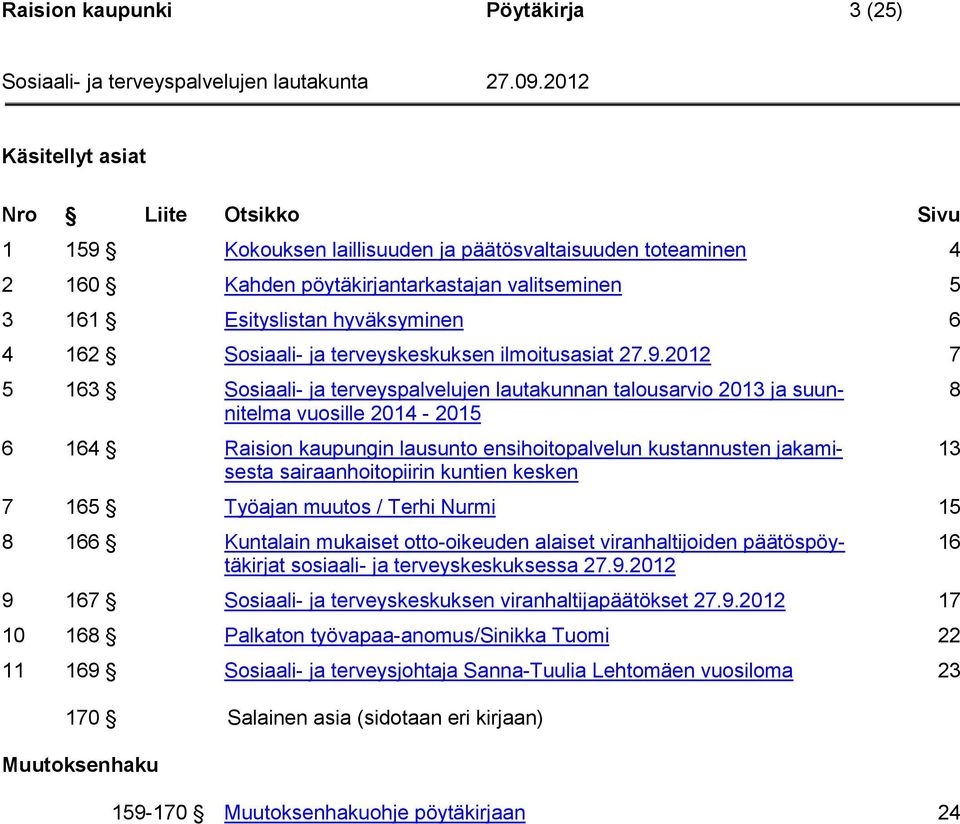 2012 7 5 163 Sosiaali- ja terveyspalvelujen lautakunnan talousarvio 2013 ja suunnitelma vuosille 2014-2015 6 164 Raision kaupungin lausunto ensihoitopalvelun kustannusten jakamisesta