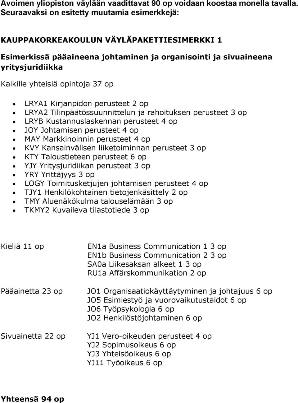 37 op LRYA1 Kirjanpidon perusteet 2 op LRYA2 Tilinpäätössuunnittelun ja rahoituksen perusteet 3 op KTY Taloustieteen perusteet 6 op YJY Yritysjuridiikan perusteet 3 op TJY1 Henkilökohtainen