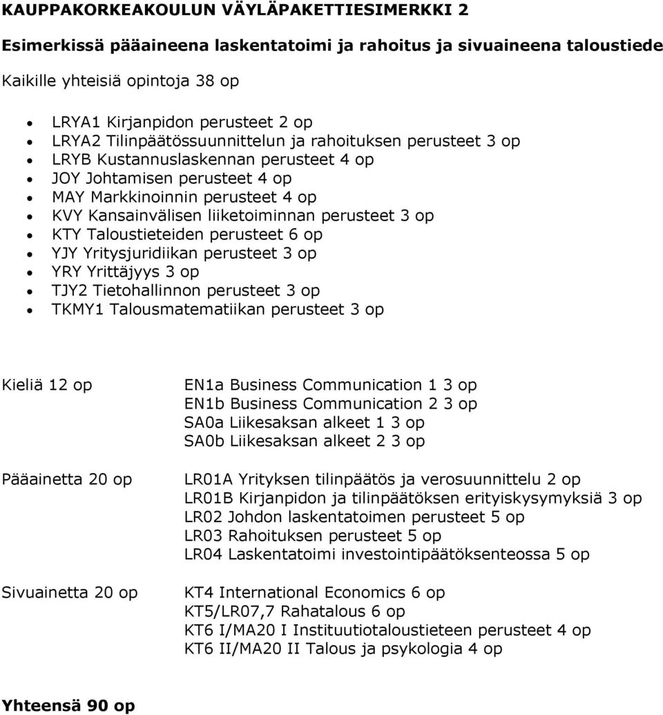 Kieliä 12 op Pääainetta 20 op Sivuainetta 20 op EN1a Business Communication 1 3 op EN1b Business Communication 2 3 op SA0a Liikesaksan alkeet 1 3 op SA0b Liikesaksan alkeet 2 3 op LR01A Yrityksen