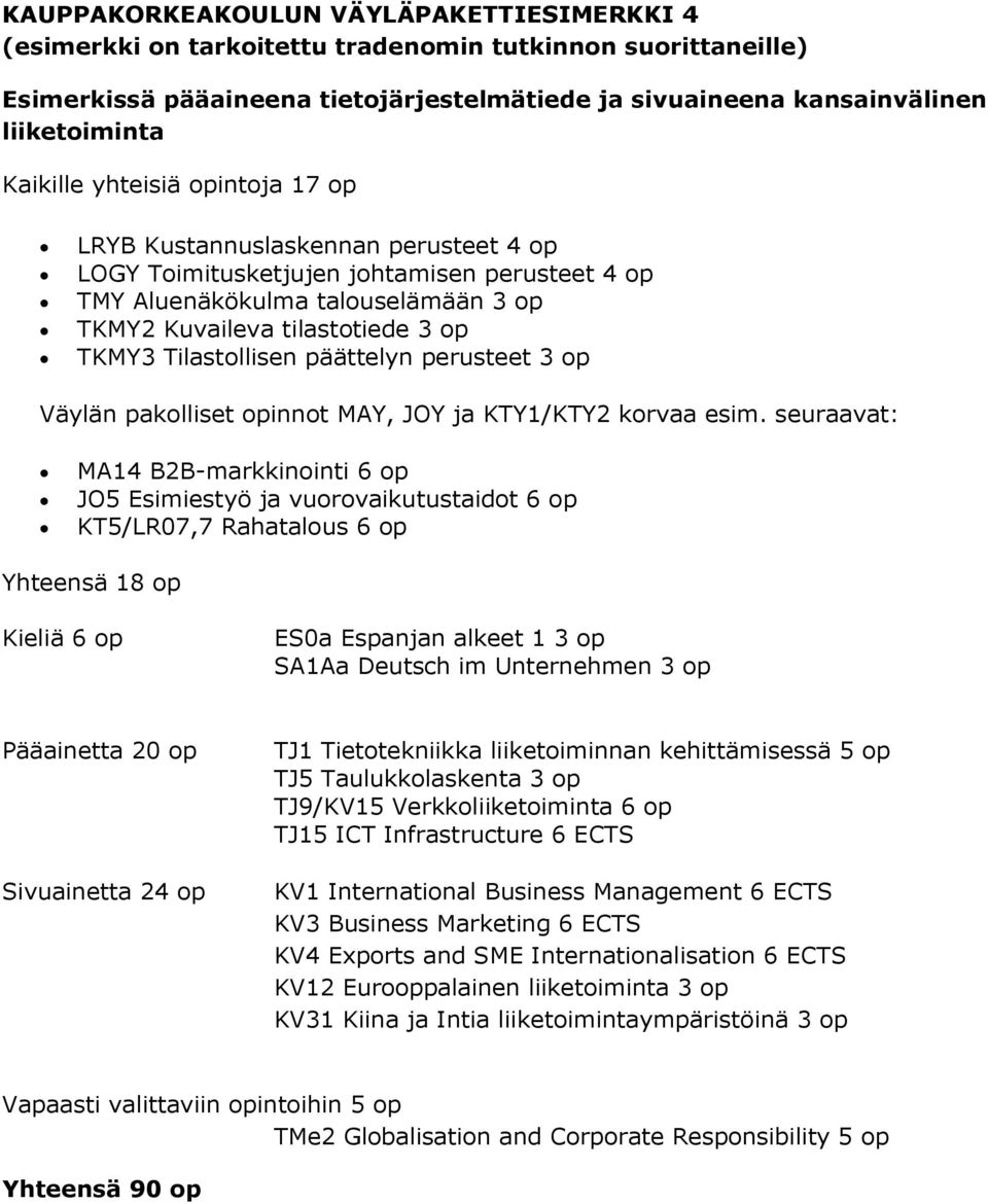 seuraavat: MA14 B2B-markkinointi 6 op KT5/LR07,7 Rahatalous 6 op Yhteensä 18 op ES0a Espanjan alkeet 1 3 op SA1Aa Deutsch im Unternehmen 3 op Pääainetta 20 op Sivuainetta 24 op TJ1 Tietotekniikka