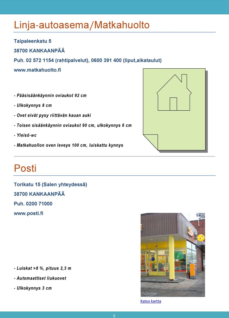 fi - Pääsisäänkäynnin oviaukot 92 cm - Ulkokynnys 8 cm - Ovet eivät pysy riittävän kauan auki - Toisen sisäänkäynnin