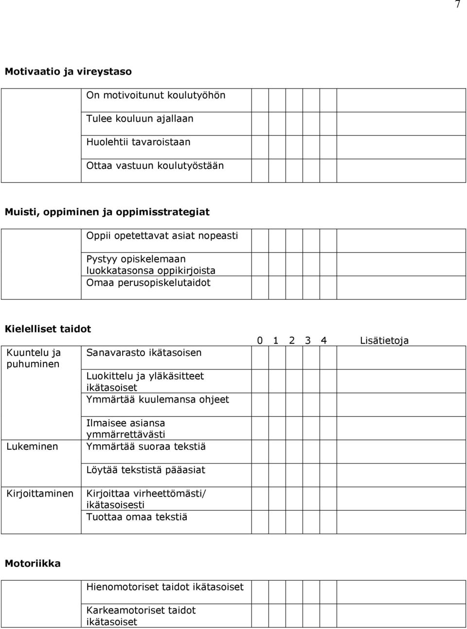 ikätasoisen Luokittelu ja yläkäsitteet ikätasoiset Ymmärtää kuulemansa ohjeet 0 1 2 3 4 Lisätietoja Lukeminen Ilmaisee asiansa ymmärrettävästi Ymmärtää suoraa tekstiä