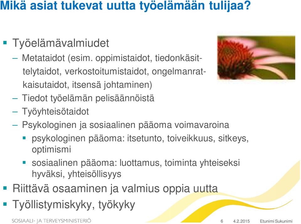 pelisäännöistä Työyhteisötaidot Psykologinen ja sosiaalinen pääoma voimavaroina psykologinen pääoma: itsetunto, toiveikkuus,