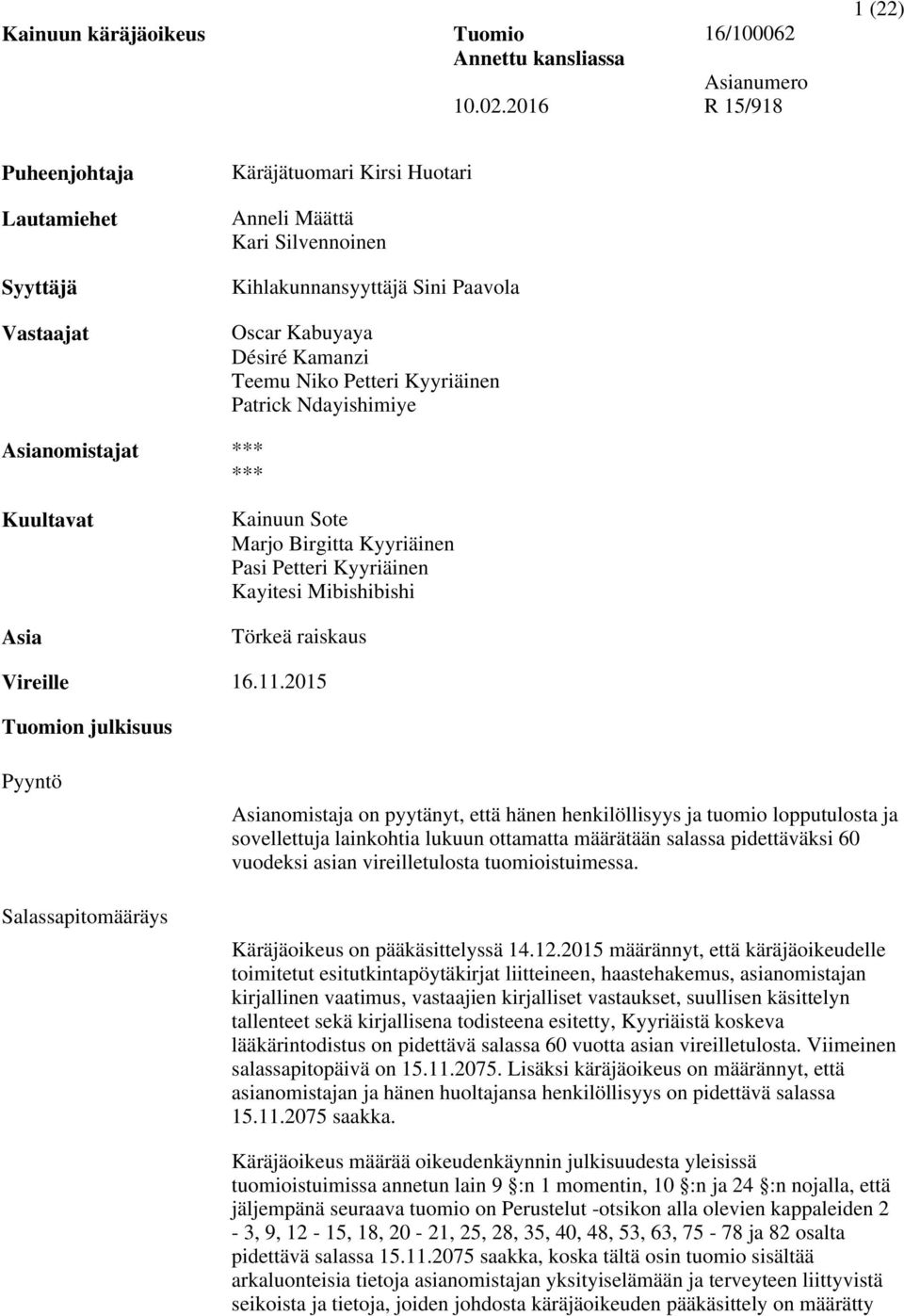 Désiré Kamanzi Teemu Niko Petteri Kyyriäinen Patrick Ndayishimiye Asianomistajat *** *** Kuultavat Kainuun Sote Marjo Birgitta Kyyriäinen Pasi Petteri Kyyriäinen Kayitesi Mibishibishi Asia Törkeä