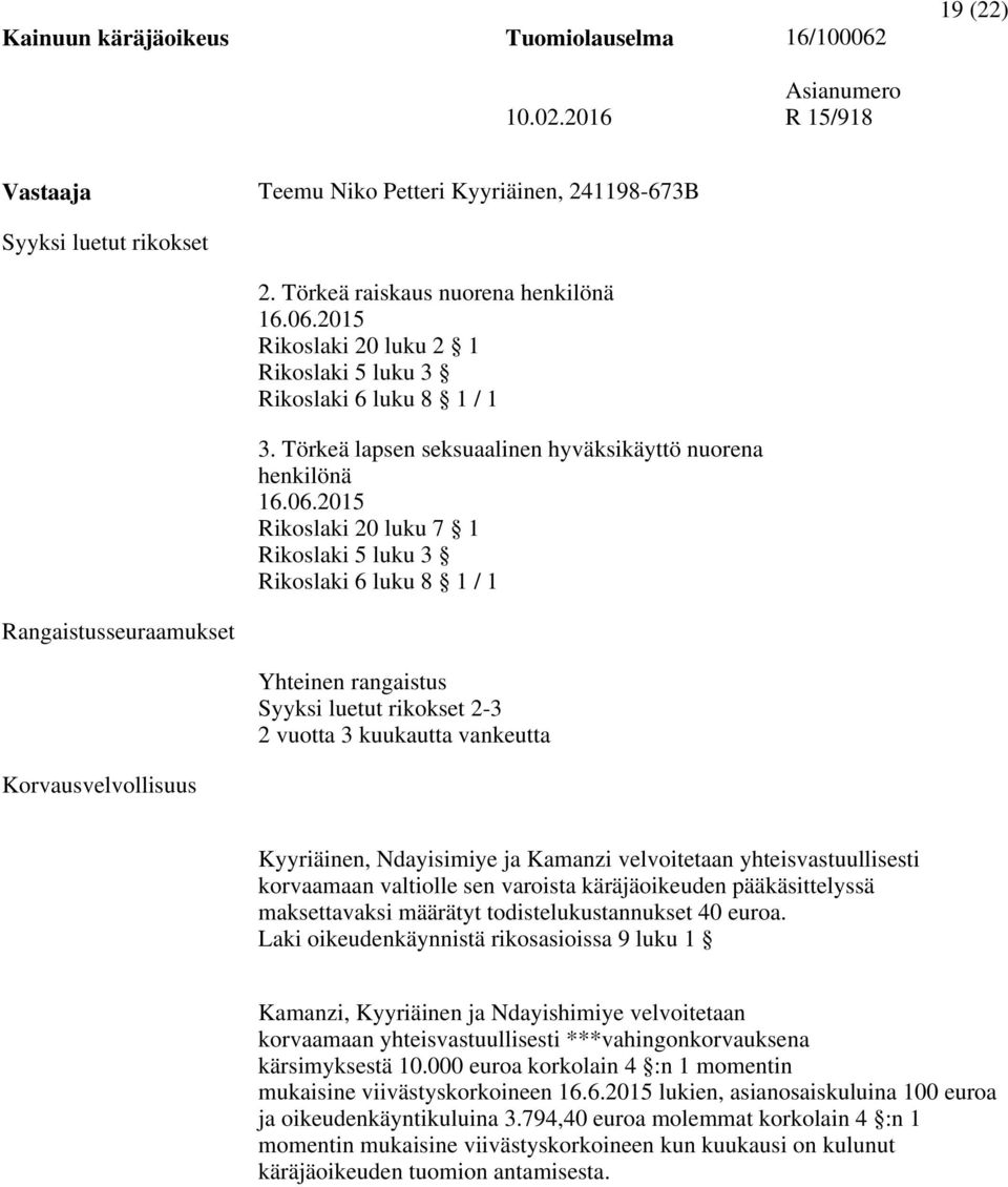 luku 8 1 / 1 Rangaistusseuraamukset Yhteinen rangaistus Syyksi luetut rikokset 2-3 2 vuotta 3 kuukautta vankeutta Korvausvelvollisuus Kyyriäinen, Ndayisimiye ja Kamanzi velvoitetaan