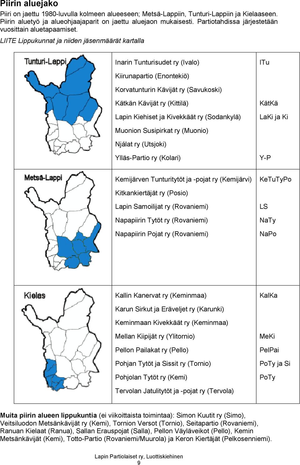 LIITE Lippukunnat ja niiden jäsenmäärät kartalla Inarin Tunturisudet ry (Ivalo) ITu Kiirunapartio (Enontekiö) Korvatunturin Kävijät ry (Savukoski) Kätkän Kävijät ry (Kittilä) Lapin Kiehiset ja