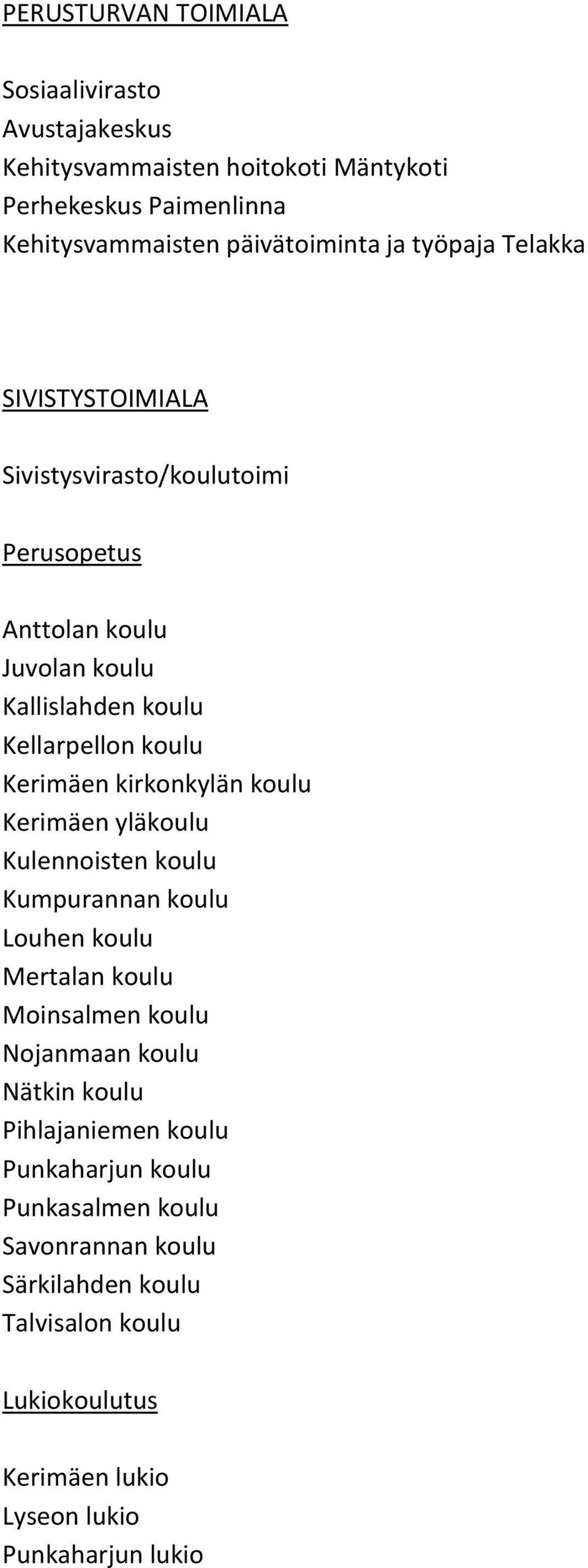 kirkonkylän koulu Kerimäen yläkoulu Kulennoisten koulu Kumpurannan koulu Louhen koulu Mertalan koulu Moinsalmen koulu Nojanmaan koulu Nätkin koulu