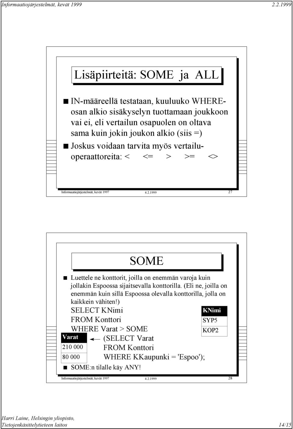 1999 27 SOME Luettele ne konttorit, joilla on enemmän varoja kuin jollakin Espoossa sijaitsevalla konttorilla.