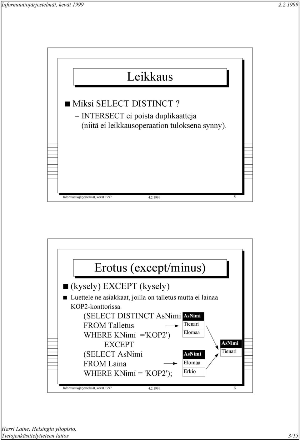 1999 5 Erotus (except/minus) (kysely) EXCEPT (kysely) Luettele ne asiakkaat, joilla on talletus mutta ei lainaa