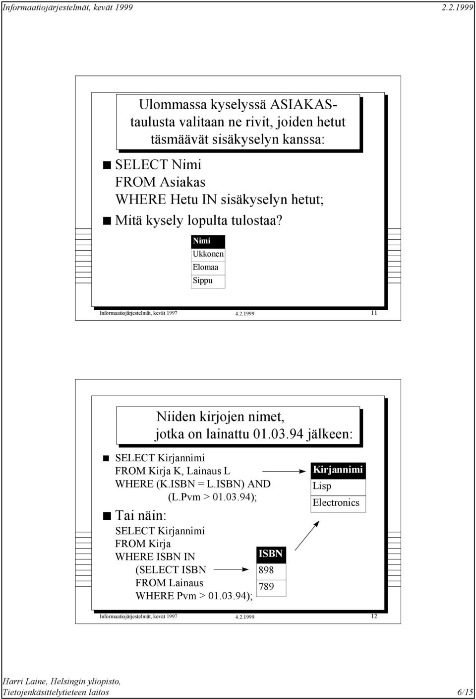 94 jälkeen: SELECT Kirjannimi FROM Kirja K, Lainaus L WHERE (K.ISBN = L.ISBN) AND (L.Pvm > 01.03.