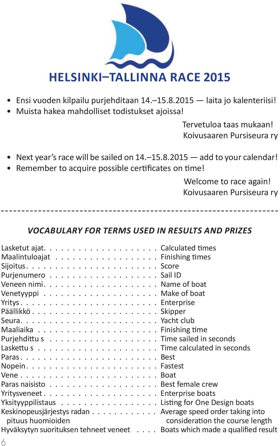 Koivusaaren Pursiseura ry 6 Vocabulary for terms used in results and prizes Lasketut ajat.................... Calculated times Maalintuloajat.................. Finishing times Sijoitus.