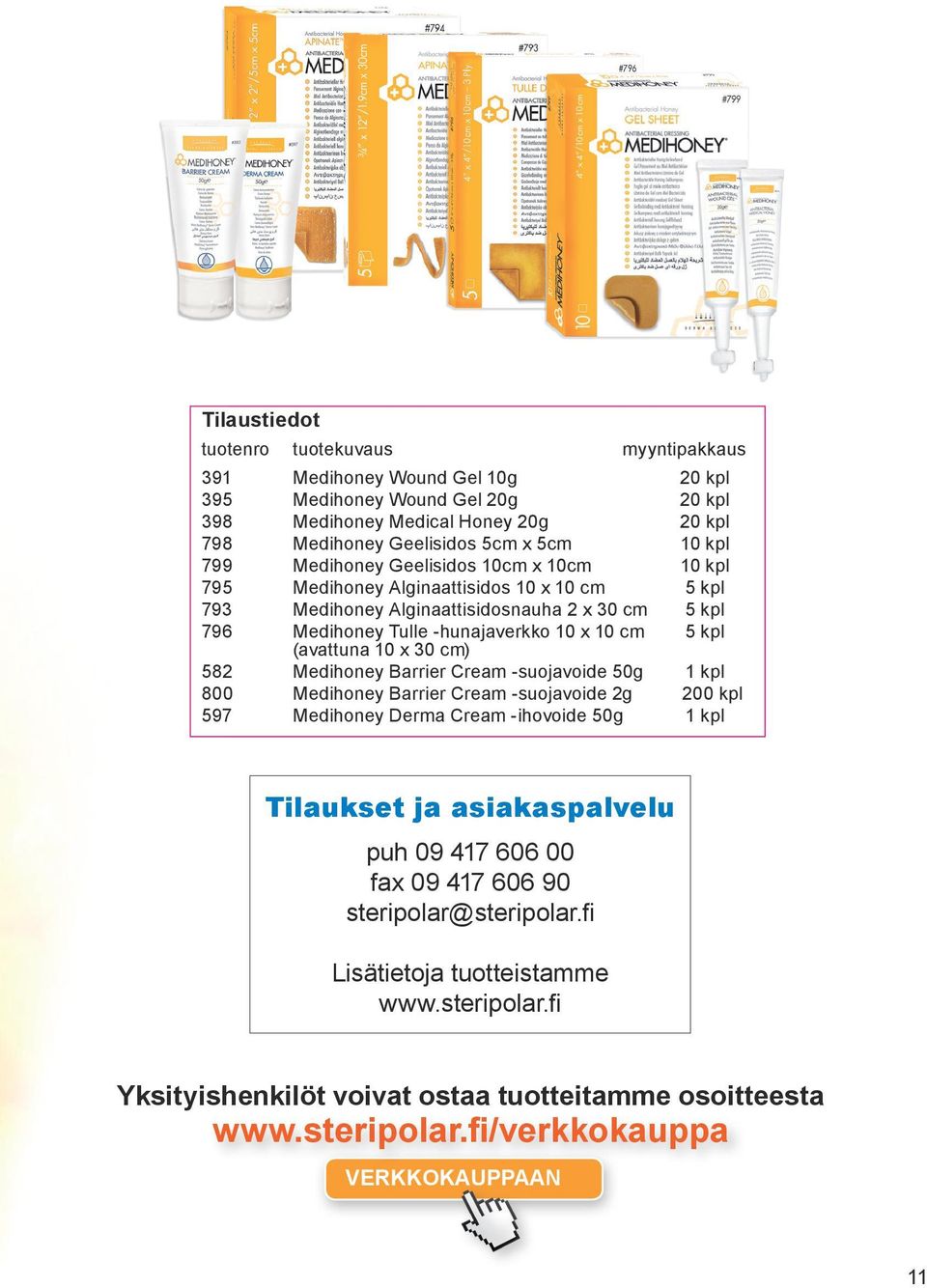 (avattuna 10 x 30 cm) 582 Medihoney Barrier Cream -suojavoide 50g 1 kpl 800 Medihoney Barrier Cream -suojavoide 2g 200 kpl 597 Medihoney Derma Cream -ihovoide 50g 1 kpl Tilaukset ja asiakaspalvelu
