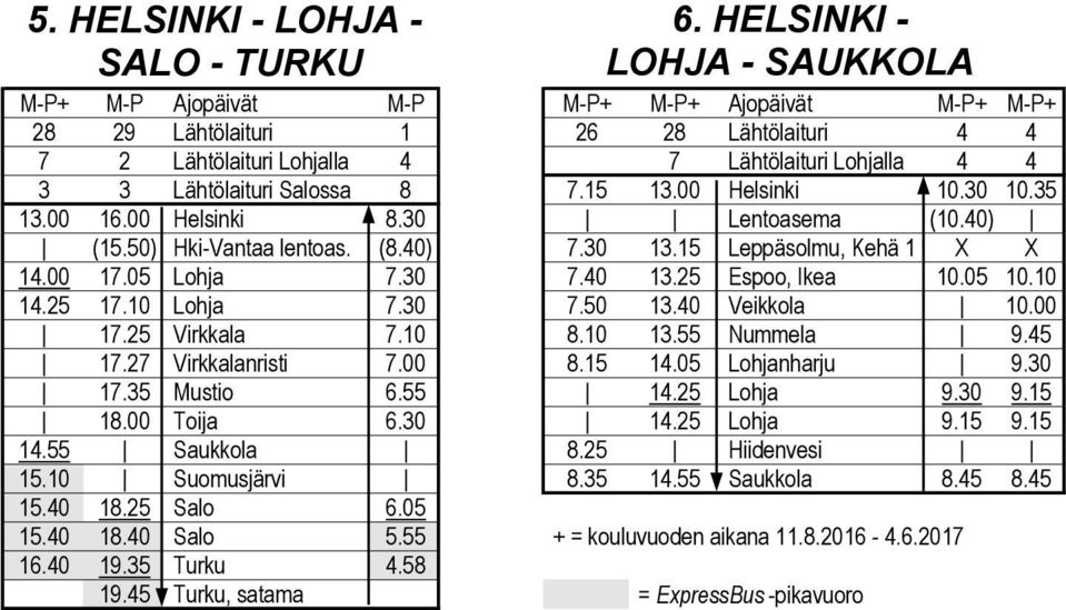 Salossa 8 7.15 13.00 Helsinki 10.30 10.35 13.00 16.00 Helsinki 8.30 Lentoasema (10.40) (15.50) Hki-Vantaa lentoas. (8.40) 7.30 13.15 Leppäsolmu, Kehä 1 th X X 14.00 17.05 Lohja 7.30 7.40 13.