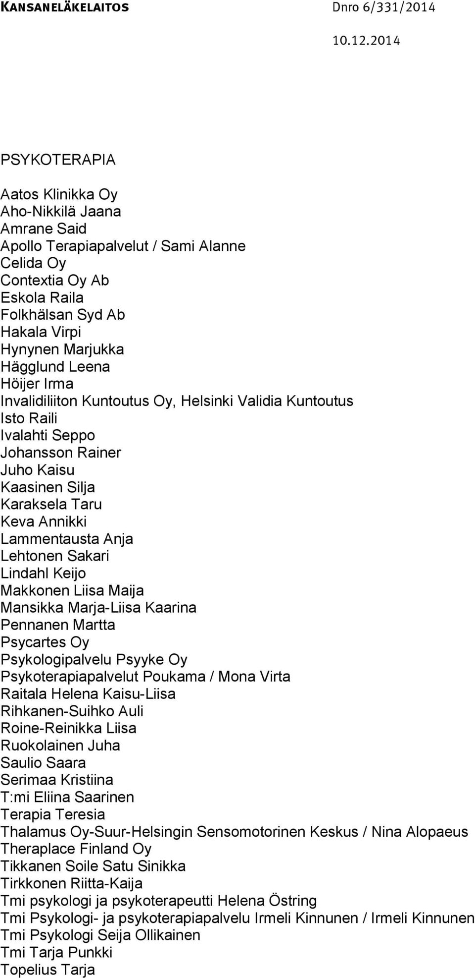 Lindahl Keijo Makkonen Liisa Maija Mansikka Marja-Liisa Kaarina Pennanen Martta Psycartes Oy Psykologipalvelu Psyyke Oy Psykoterapiapalvelut Poukama / Mona Virta Raitala Helena Kaisu-Liisa