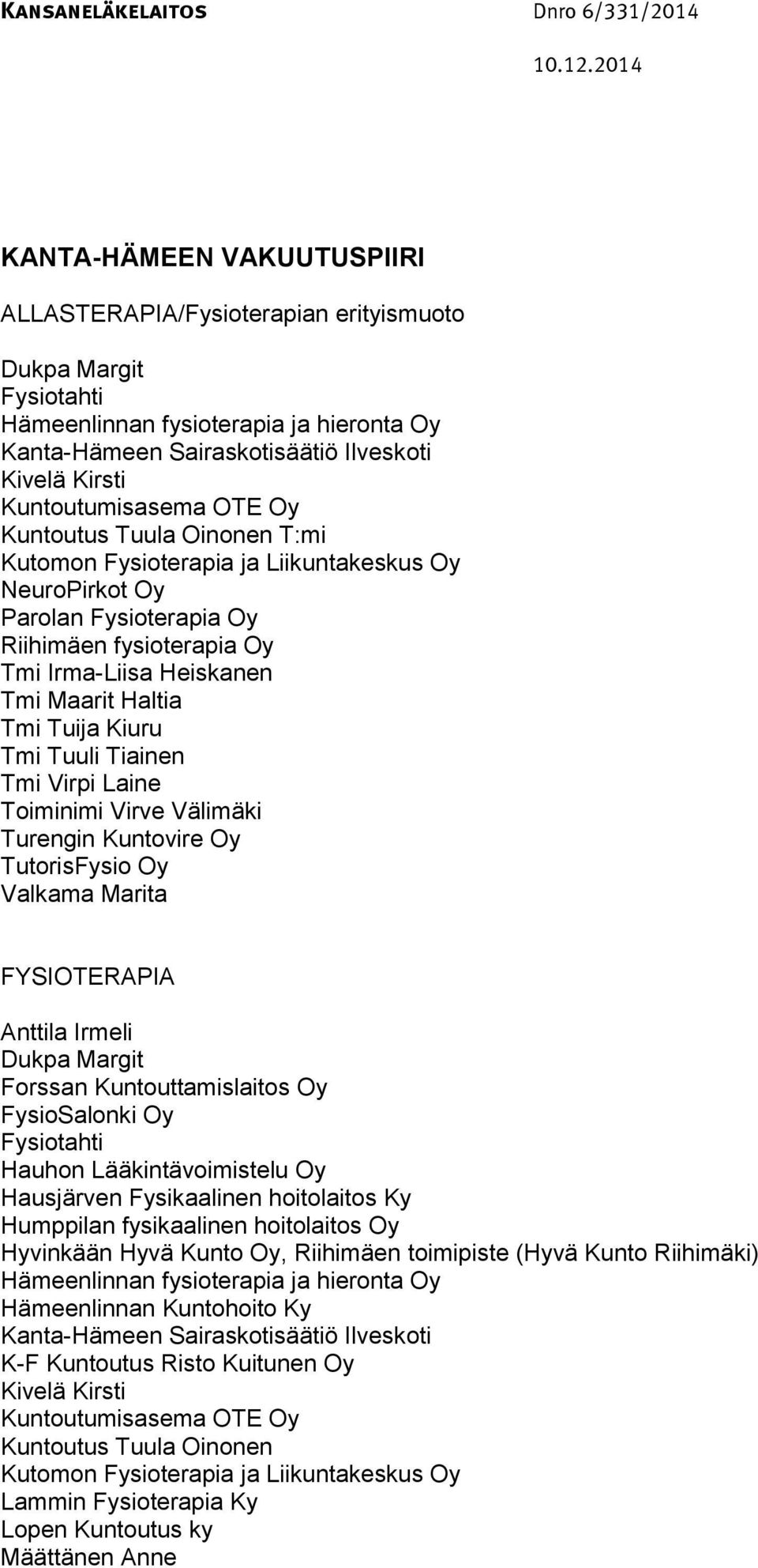 Haltia Tmi Tuija Kiuru Tmi Tuuli Tiainen Tmi Virpi Laine Toiminimi Virve Välimäki Turengin Kuntovire Oy TutorisFysio Oy Valkama Marita FYSIOTERAPIA Anttila Irmeli Dukpa Margit Forssan