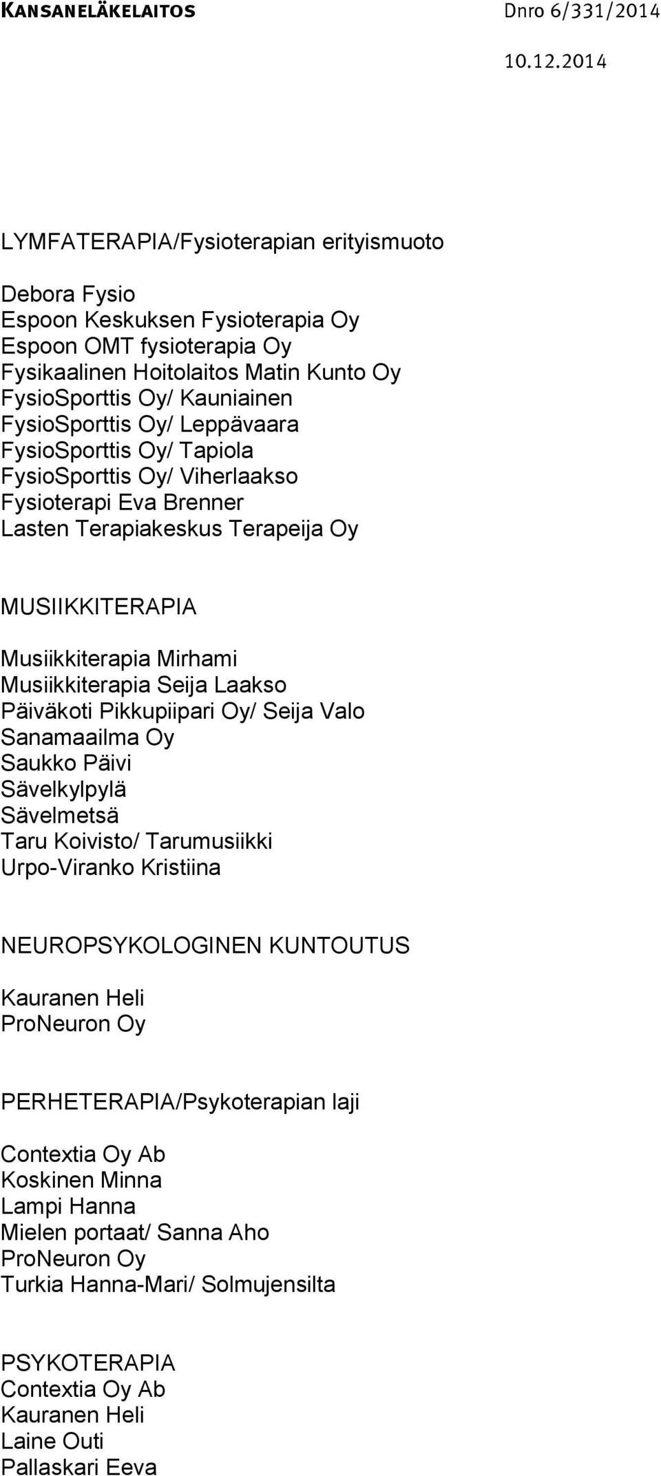 Päiväkoti Pikkupiipari Oy/ Seija Valo Sanamaailma Oy Saukko Päivi Sävelkylpylä Sävelmetsä Taru Koivisto/ Tarumusiikki Urpo-Viranko Kristiina NEUROPSYKOLOGINEN KUNTOUTUS Kauranen Heli ProNeuron Oy