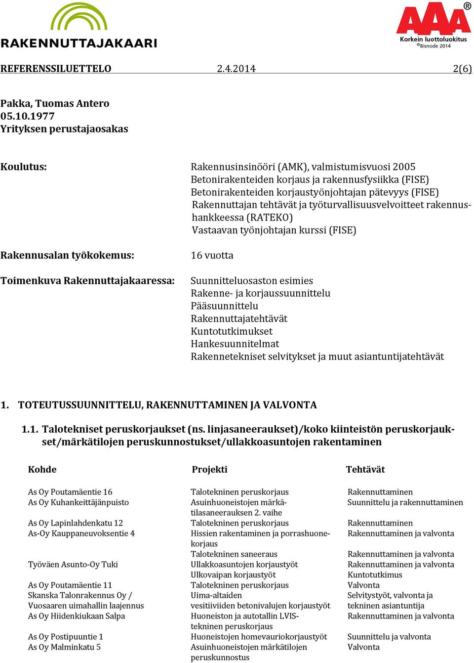 Betonirakenteiden korjaustyönjohtajan pätevyys (FISE) Rakennuttajan tehtävät ja työturvallisuusvelvoitteet rakennus- hankkeessa (RATEKO) Vastaavan työnjohtajan kurssi (FISE) 16 vuotta