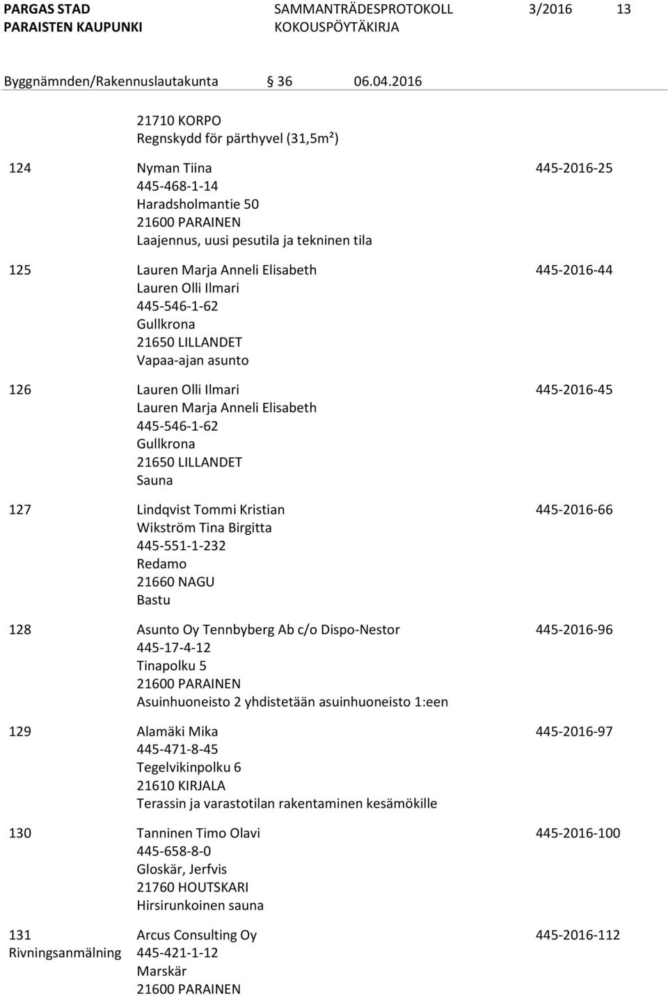 445-546-1-62 Gullkrona 21650 LILLANDET Vapaa-ajan asunto 126 Lauren Olli Ilmari Lauren Marja Anneli Elisabeth 445-546-1-62 Gullkrona 21650 LILLANDET Sauna 127 Lindqvist Tommi Kristian Wikström Tina
